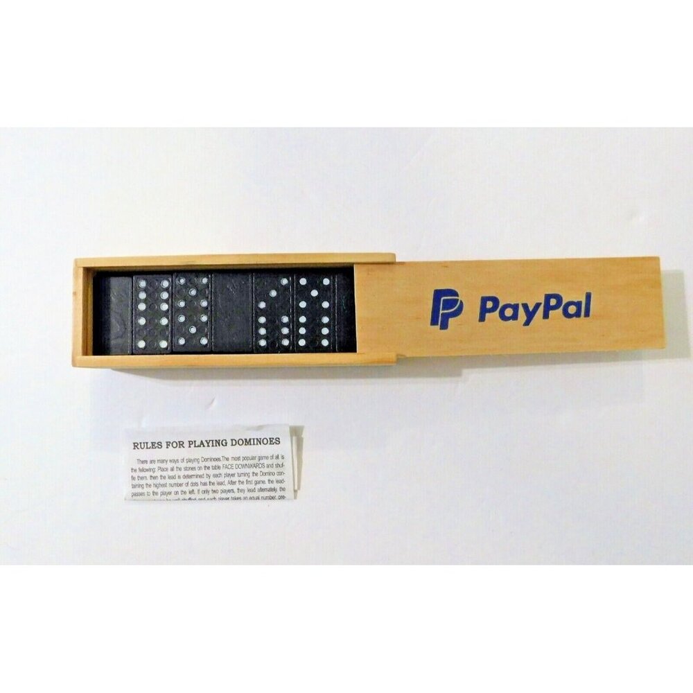 PayPal Branded Swag Double Six Domino Set Black White Wooden Box New